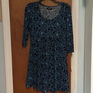 Casual Black and Blue A-Line Dress with 3/4 Sleeves